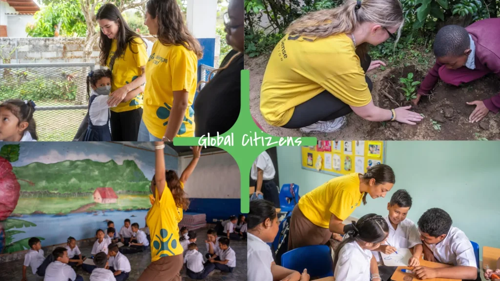 Volunteers engage with children in educational activities and tree planting, emphasizing community service and...